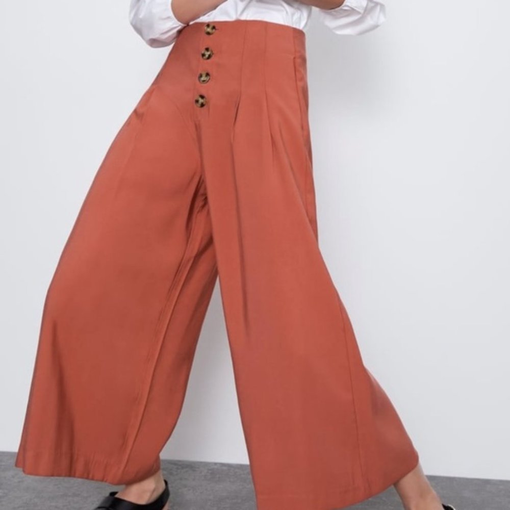 Zara High Waisted Wide Leg Cropped Burnt Orange Pleated Pants Size XS